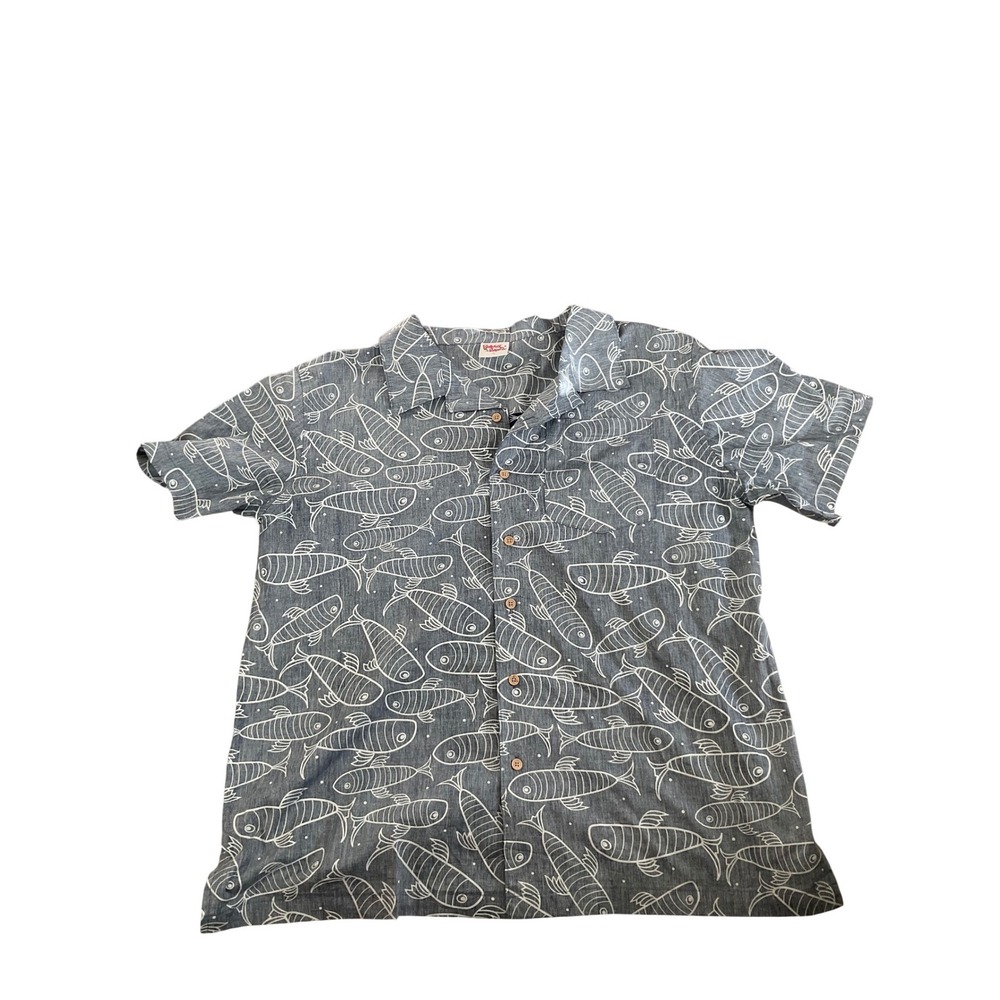 Barefoot in Paradise Mens XL Blue Fish Print Short Sleeve Button Down Camp Shirt